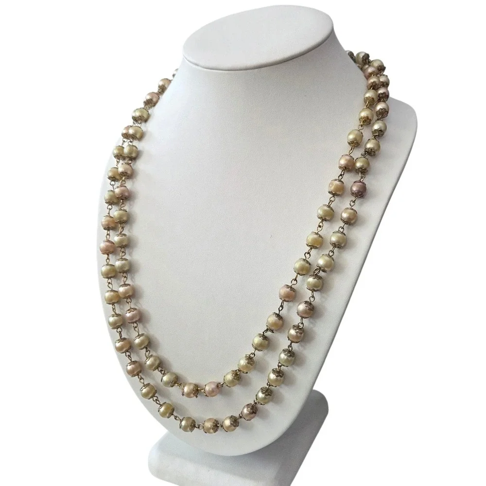 Vintage Faux Pearl Pastel Necklace Beads Beaded Metal Gold Tone Bead Caps 49